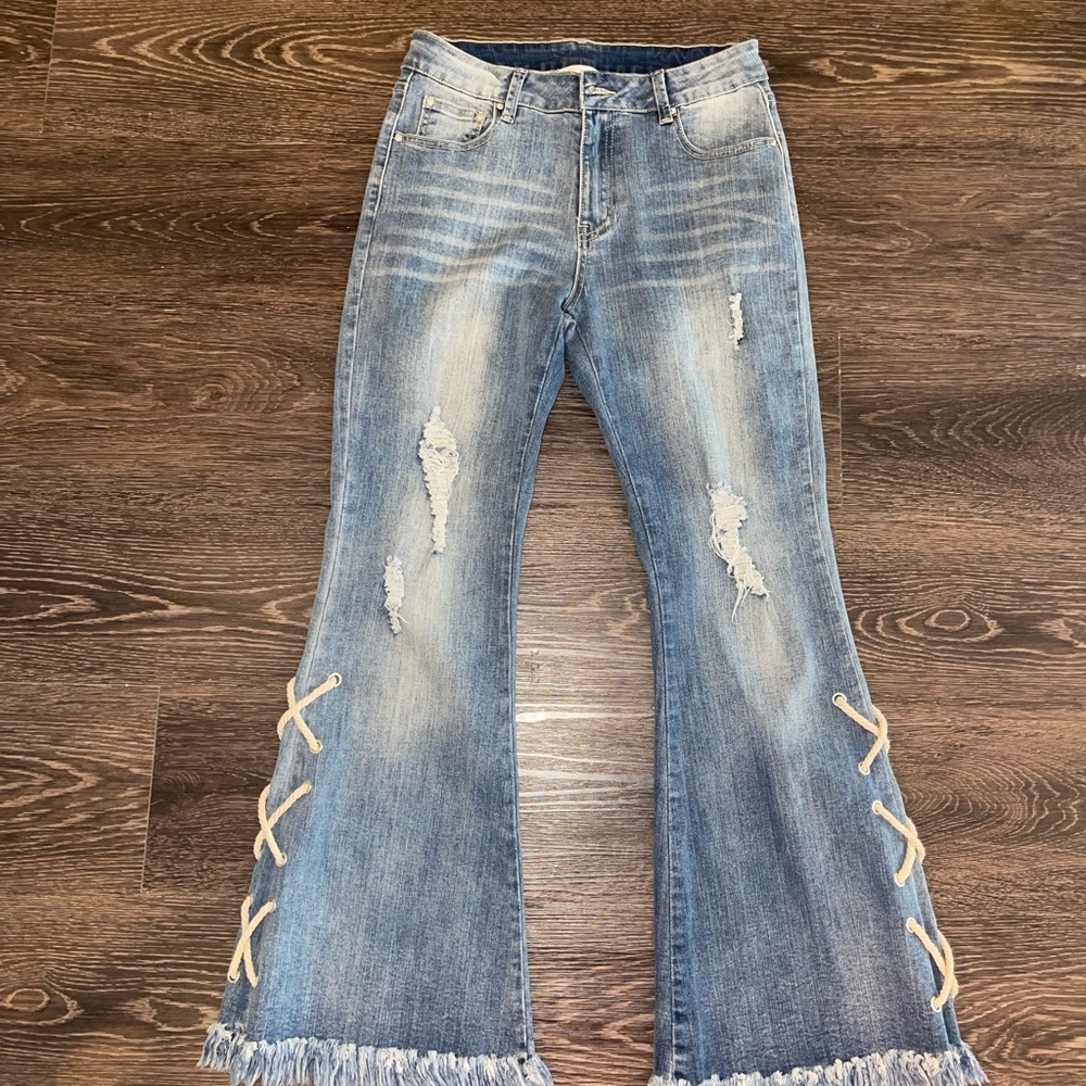 Hayden Light Blue Flare Jeans with Lace-Up Detail
